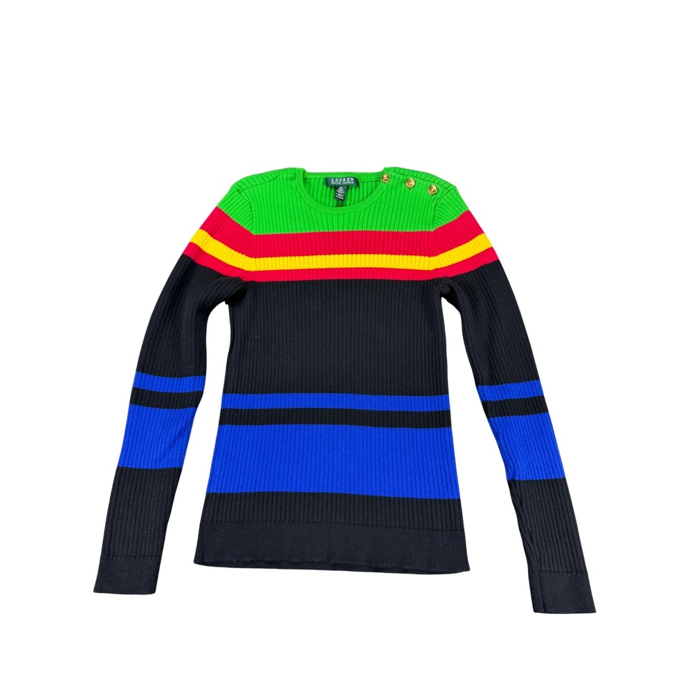 Lauren Ralph Lauren Women Multi Color Striped Ribbed Button Shoulder Sweater M